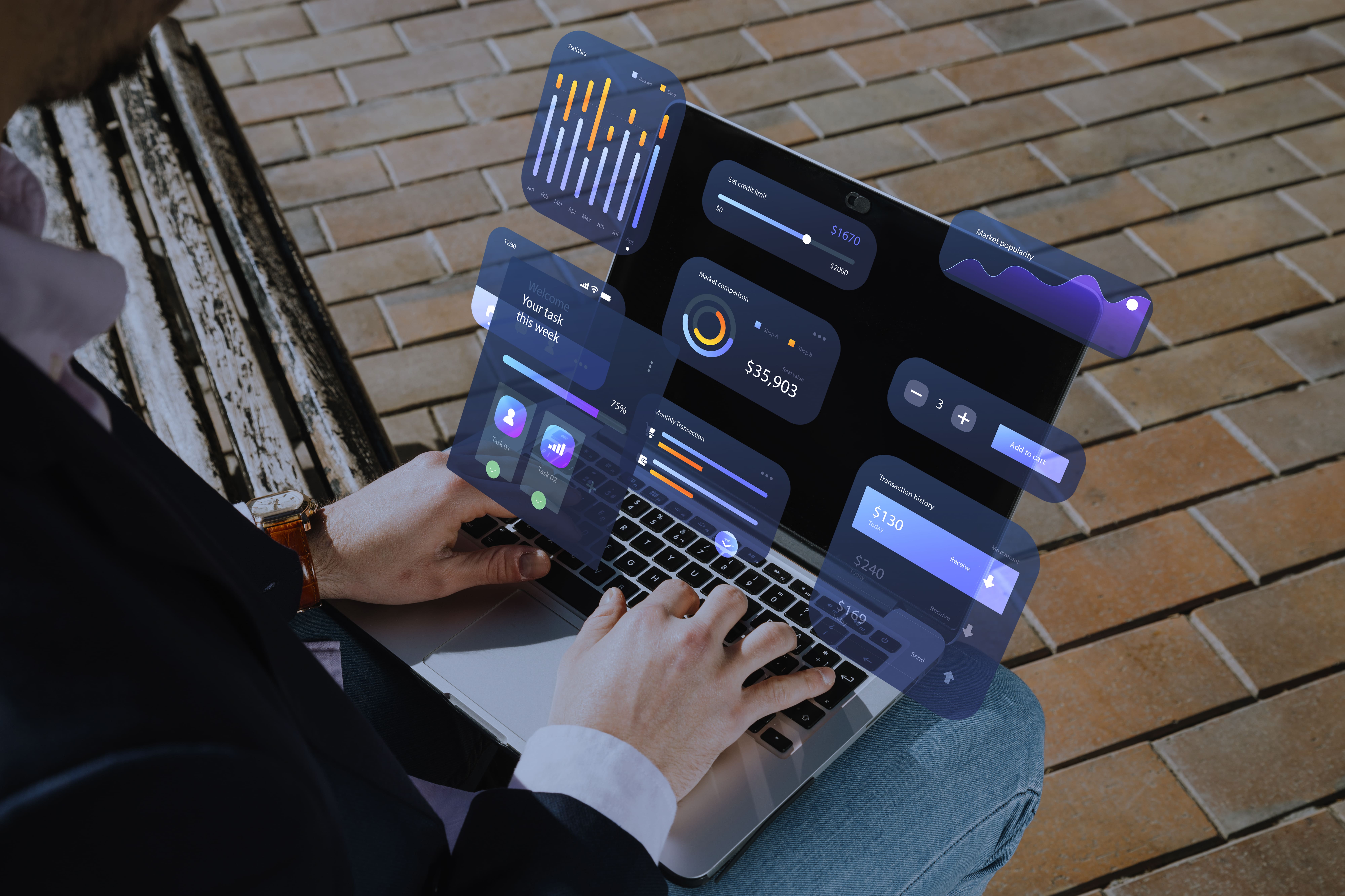 Businessperson using laptop with floating financial data visuals — custom software for 				real-time financial dashboards and analytics.