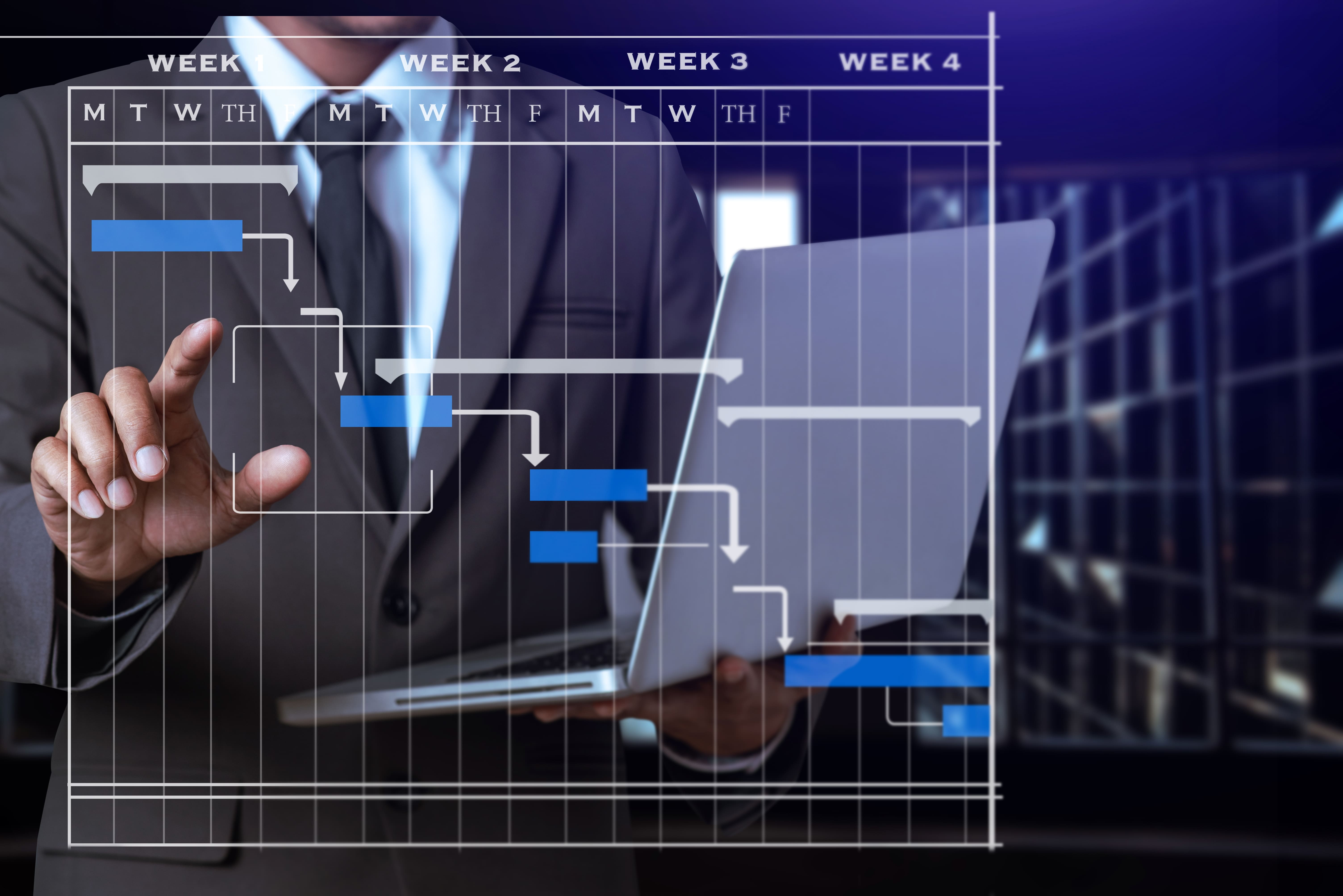 Gantt-style pipeline tracking on screen — custom business solution for visualizing and 					managing sales stages.