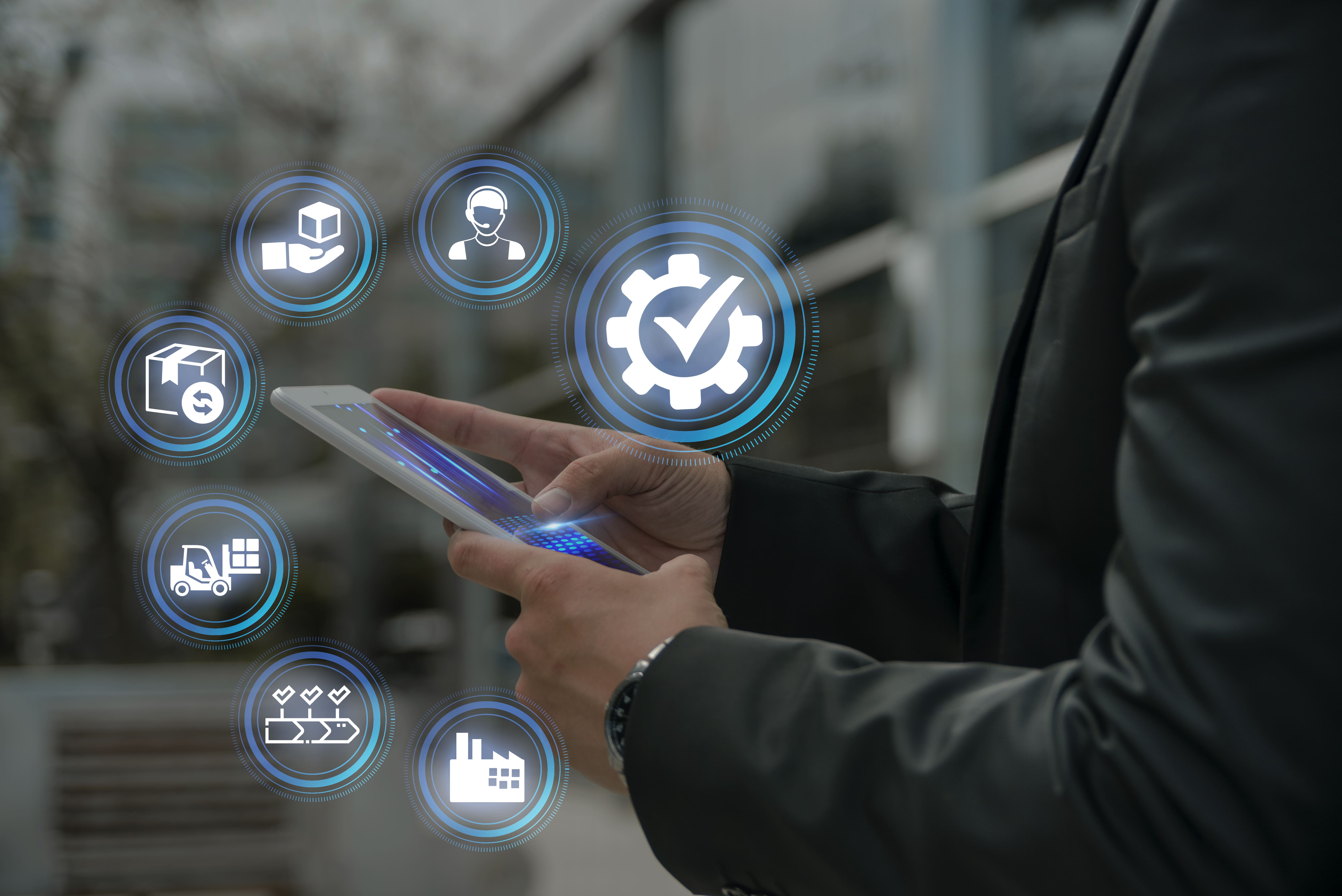 Supplier portal on a tablet with workflow icons — tailored business solution for 					managing vendor communications and orders.